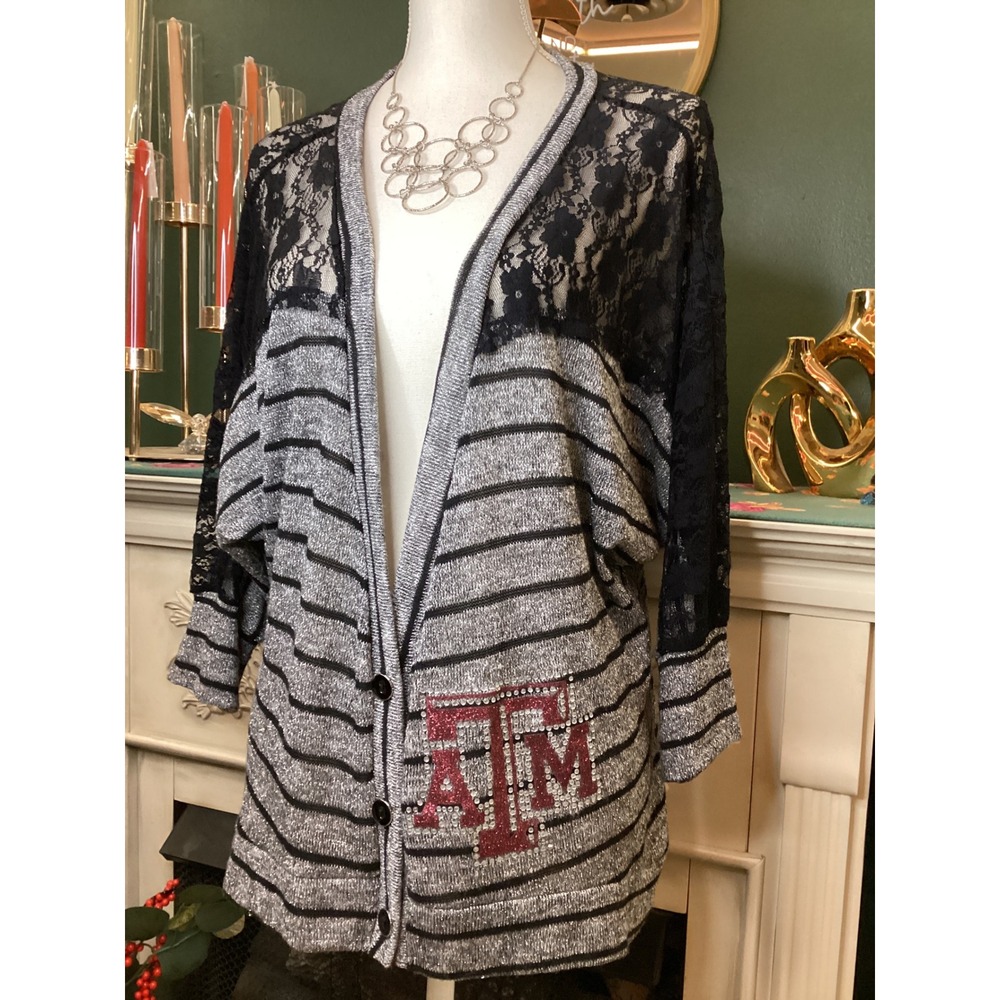 Gameday Couture Cardigan Large Texas A&M Aggies‎ Lace Stripe  Silver and Black
